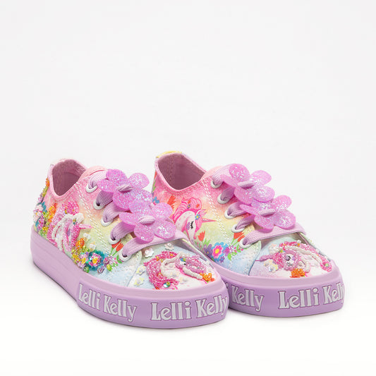 Pair of Lelli Kelly unicorn sneakers for girls — multicolor beaded canvas with glitter flower laces and purple sole